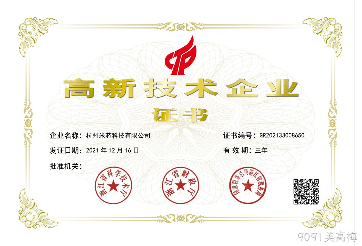 杭州9091美高梅高新技术企业证书
